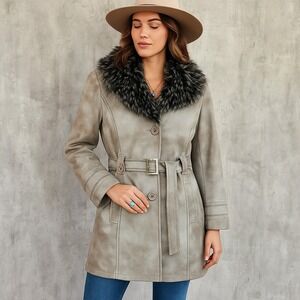 Tasha Polizzi Chatteau Coat Faux Suede M Gray Belted Fur Collar‎ Western Boho
